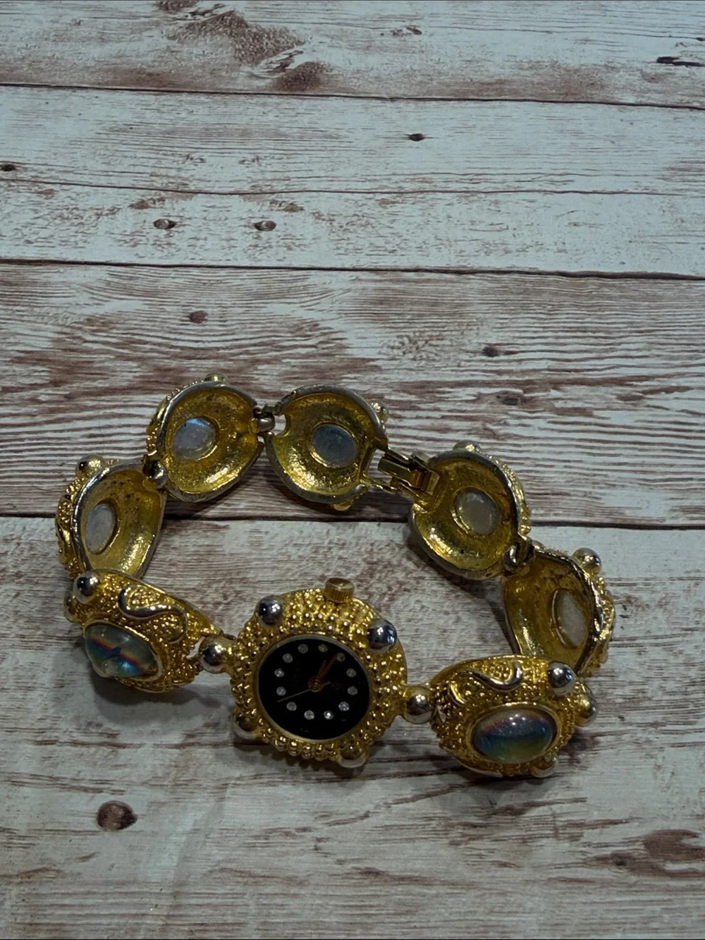 18K Electro Plated Gold-Vintage Bracelet Watch with Iridescent Cabochons